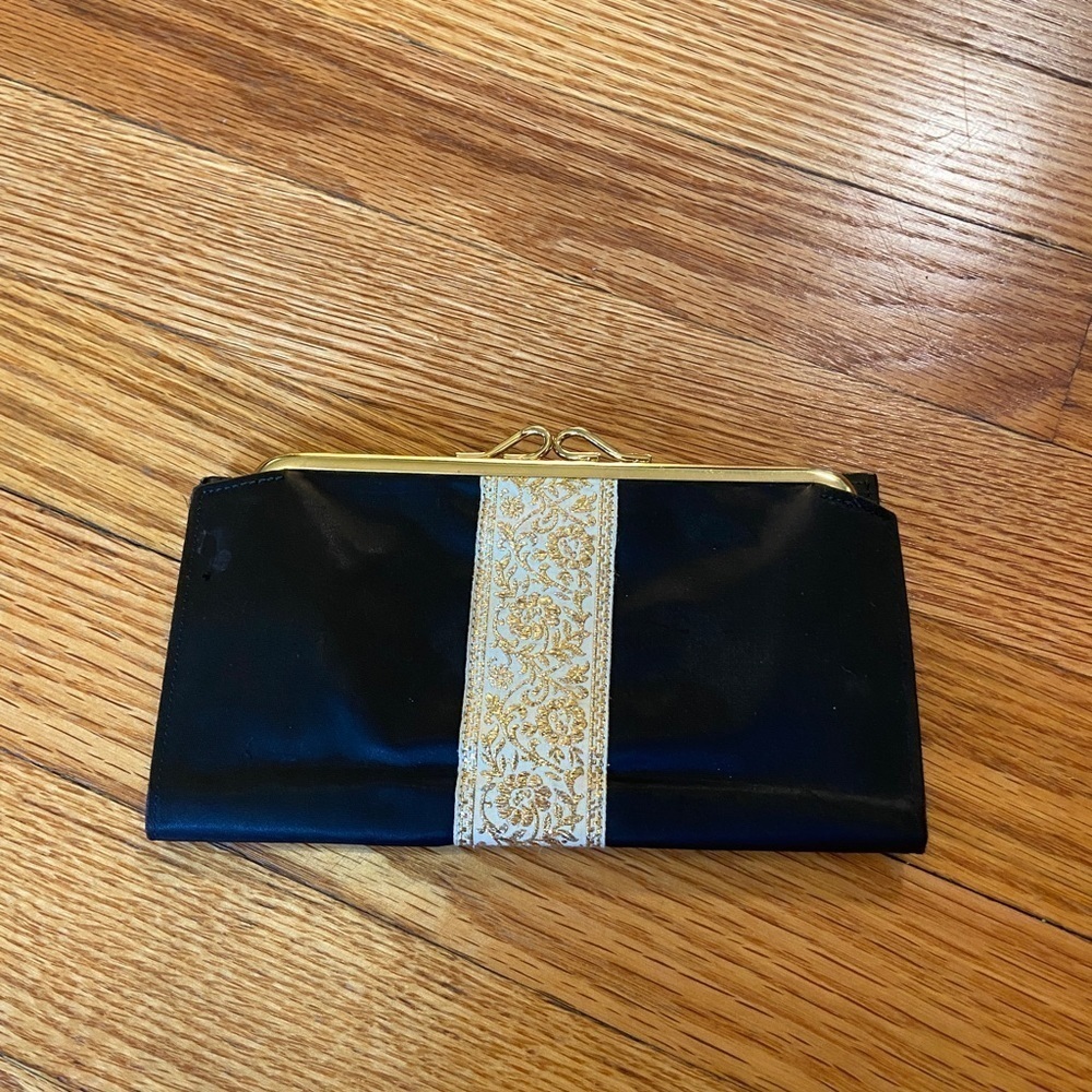 Vintage Leather Wallet Brocade Trim